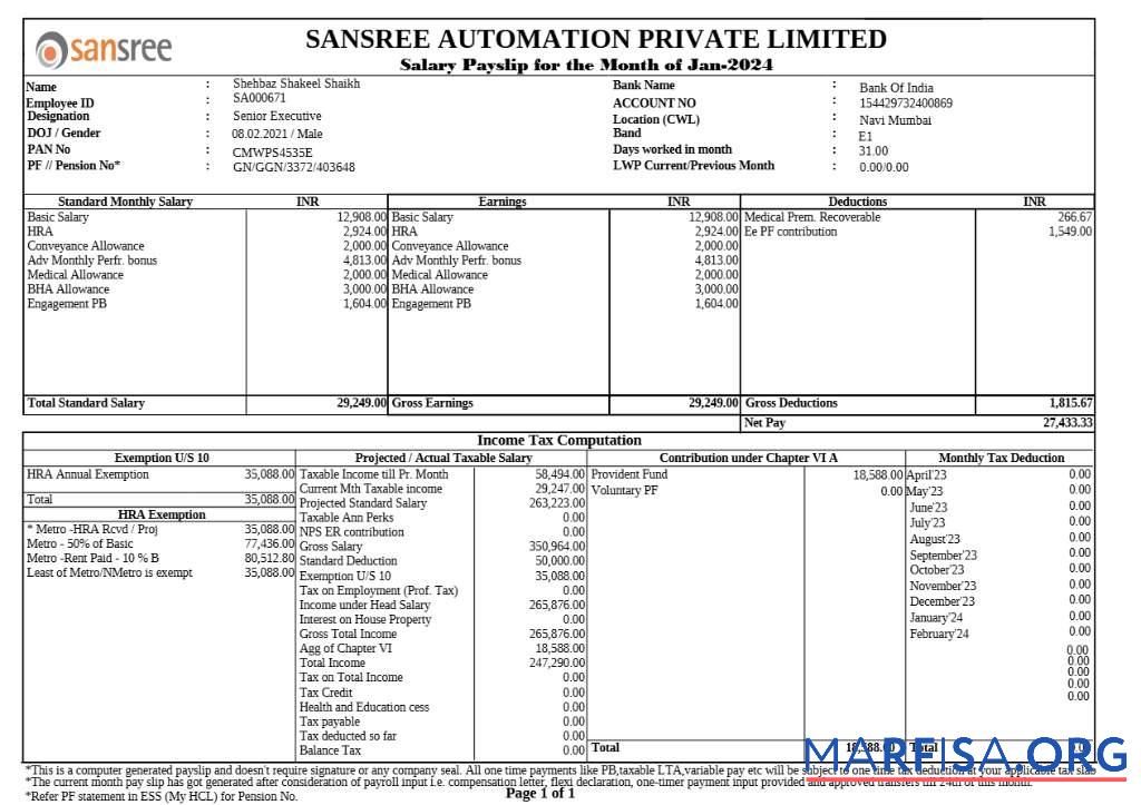 Printable Sansree Automation payslip download for verification